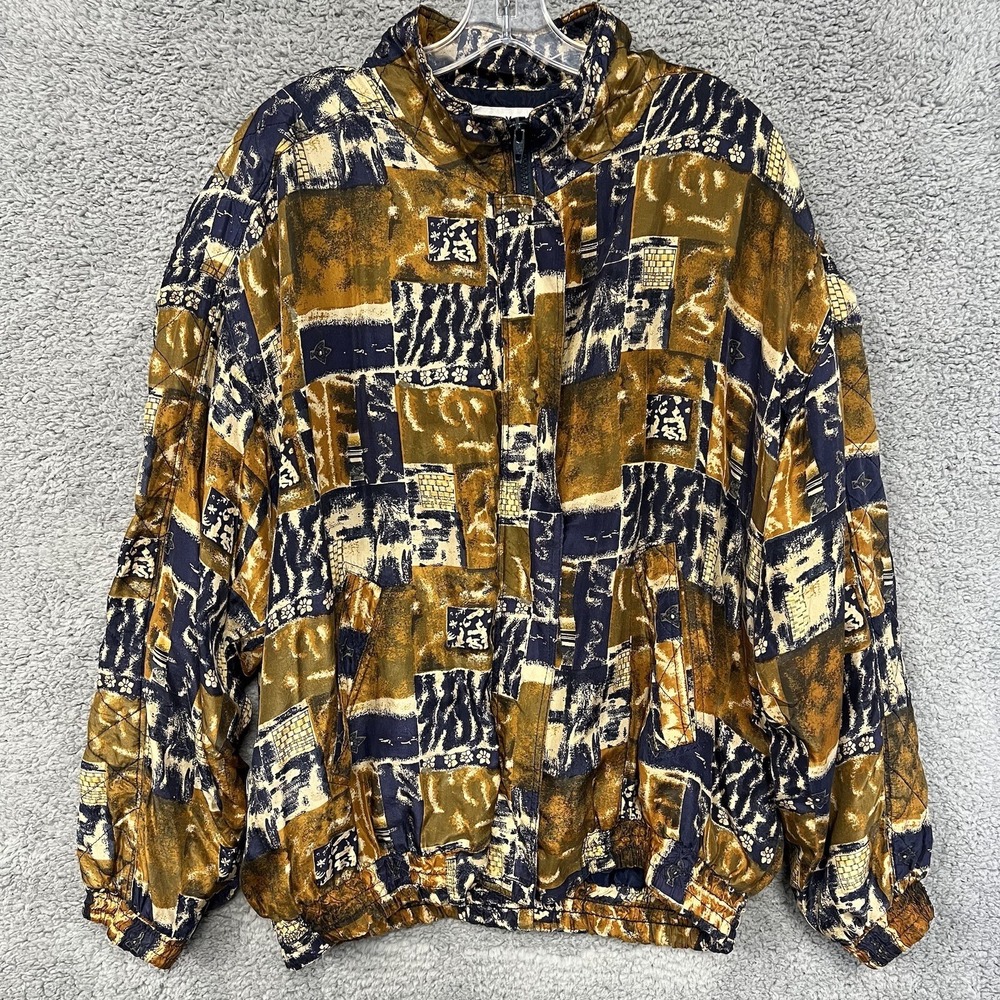 VTG 80s Nouveau Monde Jacket Size XL 100% Silk Bomber Pocket Zip Abstract Print